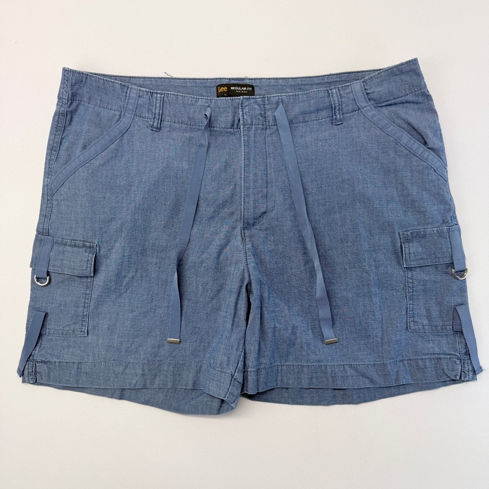 Lee Regular Fit Mid Rise Cargo Shorts Blue Chambray Drawstring 18 Medium